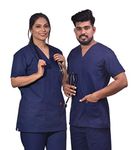 FRENCH TERRAIN® UNISEX V-NECK POLYESTER COTTON MEDICAL SCRUB SUIT FOR DOCTORS (TOP AND BOTTOM) TRIPLE NEEDLE STITCH TOP WITH CHEST POCKET, NAVY BLUE, 48–4XL.