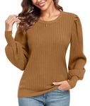 Anyhold Women's Puff Long Sleeve Jumpers Lightweight Crew Neck Pullover Sweater Loose Casual Top Shirts 2X-Large, Light Caramel