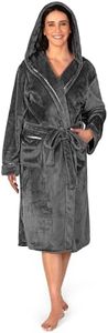 PAVILIA Plush Hooded Robe For Women | Grey, Fluffy Soft Bathrobe With Hood | Fuzzy Warm Spa Robe, Cozy Fleece Long Robe | Satin Trim, Small-Medium