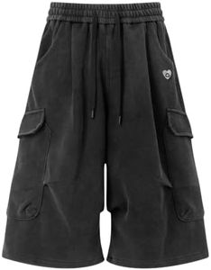 Aelfric Eden Men’s Baggy Cargo Sweat Shorts Washed Oversized Y2K Streetwear Unisex Casual Bermuda Jorts Summer Capri Pants Black XL