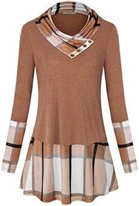 Miusey Long Sleeve Tunic Tops for Women Loose Fit Womens Cowl Neck Sweatshirts Lightweight Color Block Tunic Sweaters Apricot Plaid Large