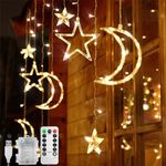 Jsdoin Eid Mubarak Decorations LED String Lights - 3.5m Star Moon LED Curtain Lights with 8 Flashing Modes Decoration for Christmas, Wedding, Party, Home, Terrace, Lawn,USB/Battery Powered