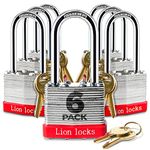 Lion Locks 6 Keyed Alike Padlocks with 2" Long Shackle, 12 Keys - Padlocks for Outdoor Use, Locks with Keys, Hardened Steel Case, Pick Resistant Brass Pin Cylinder for Hasp Latch, Locker, Gate