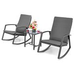 RELAX4LIFE 3PCS Garden Furniture Set, Outdoor Rattan Rocking Chair Set with Tempered Glass Coffee Table, Wicker Swing Bistro Set for Patio Backyard Porch Lawn