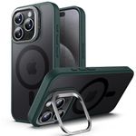 JETech Kickstand Case for iPhone 15 Pro 6.1-Inch Compatible with MagSafe, Built-in Adjustable Camera Stand, Translucent Matte Magnetic Back Slim Shockproof Phone Cover (Dark Green)