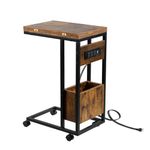 Hadulcet C Table End Table with Charging Station, Folding C Table, Rolling Tray Table TV Trays, C Shaped Overbed Table, Small Side Table for Small Spaces, Rustic Brown