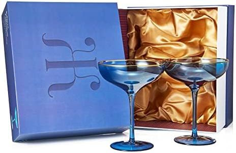 Colored Royal Blue & Gilded Rim Coupe Glass, 9oz Cocktail & Champagne Glasses 2-Set Vibrant Color Gold Vintage Tumblers, Margarita, Glassware Gift Idea Gifts for Mom, Him, Wife, Housewarming Coupes
