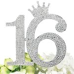 Number 16 Rhinestone Princess Crown Monogram Cake Topper - Sweet 16th Birthday Party (Silver)