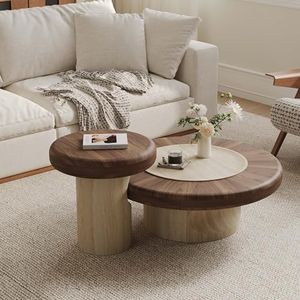 VAFON Mid Century Modern Mushroom Shaped Coffee Table Set for Living Room: Round Wood Compact Size 35.4 Inch Center Table + 19.3 Inch Side Table for Small Space, Fully Assembled