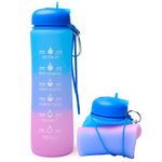 Motivational Water Bottle with Time Markings - 0.6 Litre Foldable Collapsible Gym and Sports Silicone Water Bottle - Running Drinks Bottle For Women, Men, Girls, Boys, Cycling, Hiking, Travel