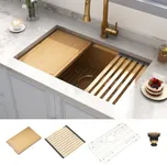 MONSINTA Kitchen Sink, Undermount Kitchen Sink With Workstation Ledge, 10" Depth, Gold Color, Single Bowl Stainless Steel Kitchen Sink With Accessories (28" x 18" x 10")