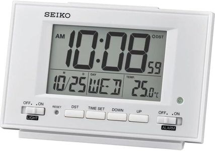 SEIKO Elegant Rectangular White Plastic Beep Alarm Digital Table Clock with Calendar, Thermometer, DST, Snooze (Size: 13.2 x 4.5 x 9 CM | Weight: 165 Gram)