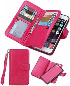 Valentoria Premium Vintage Leather Wallet Case Magnetic Detachable Slim Back Cover Card Holder Slot Wrist Strap (Hot Pink)