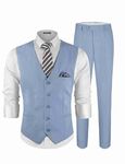 MAGE MALE Men's Linen 2 Piece Suit Slim Fit Wedding Groomsmen Summer Vest Pants Set with Pocket Square Light Blue