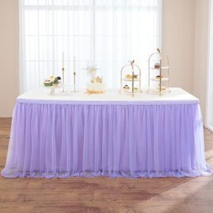 72in Lavender Tulle Table Skirt for 4/6ft Rectangle Round Tables, 2-Layer Ruffle Lilac Purple Tulle Tutu Cloth Table Skirts for Mermaid Birthday Party Baby Shower Cake Dessert Table(No Table Cover)