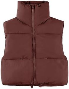 UANEO Cropped Puffer Vest Women Zip Up Stand Collar Sleeveless Padded Crop Puffy Vests, Brown, X-Small