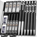 Nicpro 6 PCS Art Mechanical Pencil Set, Black Metal Drafting Pencil 0.3, 0.5, 0.7, 0.9 mm & 2PCS 2mm Graphite Lead Holder(4B 2B HB 2H) For Writing Sketching Drawing With 8 Lead Refills Eraser Case