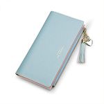 Wallets for Women Leather Cell Phone Case Holster Bag Long Slim Credit Card Holder Cute Minimalist Coin Purse Thin Large Capacity Zip Clutch Handbag Wallet for Girls Ladies (Blue)