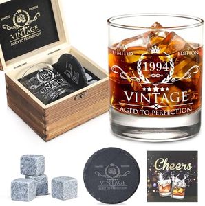 30th Birthday Gifts for Men Whiskey Glass Set - 30th Birthday Decorations, Party Supplies - 30 Year Anniversary, Bday Gifts Ideas for Him, Dad, Husband, Friends - Wood Box & Whiskey Stones & Coaster