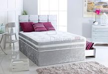 Crushed Velvet Divan Bed Set With Memory Foam Sprung Mattress And Cube Headboard | Storage Drawers Available | Complete Divan Bed Set (Purple, 4FT6 Double 4 Drawer)