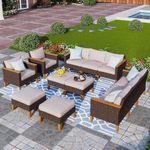 PHI VILLA 12 Seat Patio Furniture Set Outdoor Large 12 Pieces Wicker Conversation Sofa with Cushioned Ottoman for Garden Poolside, Beige