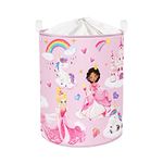 Clastyle 63L Large Pink Unicorn Princess Kid Laundry Hamper with Handle Girl Bedroom Bathroom Nursery Collapsible Clothes Toy Storage Basket with Lid