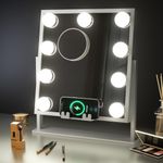 Fancii Hollywood Vanity Mirror with Lights, Rechargeable - 9 Dimmable LED Bulbs, Large Lighted Makeup Mirror with Phone Charger, 10X Magnifying Mirror, Music Speaker, 3 Lighting Modes (Maddie)