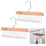 ICEBLUEOR 2 Pack Wooden Tie Hanger Belt Hanger Bra Hanger Scarf Rack for Wardrobe, Multi Hook Coat Rack Tie Storage Organiser, Space Saving Organiser with 8 Metal Hooks for Men Women