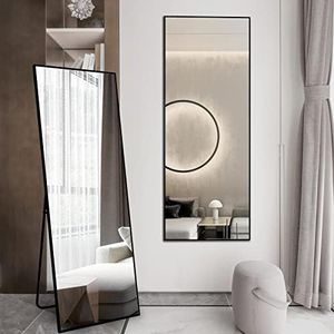 WIIS' IDEA 64"x21" Rectangular Full Length Mirror,Big Free Standing Body Mirror,Floor Length Mirror with Stand,Anti-Rust Aluminum Frame,Explosion-Proof Film,Long Wall Mirror for Bedroom(Black)