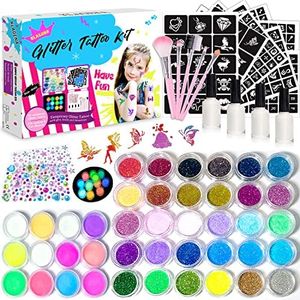 Kit Tatuajes Purpurina Temporales Niños, 42 Colores Brillo (Incluir 12 colores Purpurina Luminous) con 219 Plantillas, 213 Gemas - No Tóxico Tatuaje de Cara y Cuerpo para Fiestas,Cumpleaños, Carnaval