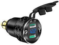 DaierTek DIN Hella Plug to Dual USB Charger Adapter for BMW Triumph Tiger Ducati Motorcycle Quick Charge QC 3.0 Powerlet Waterproof with Blue LED Voltmeter