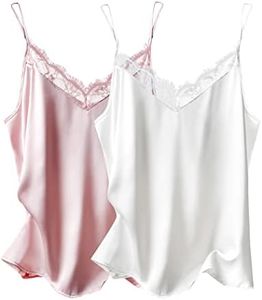 Ekouaer Women's 2 PCS Silk Satin Tank Top Lace Cami Spaghetti Strap Top V Neck Camisoles, White/Light Pink, Medium