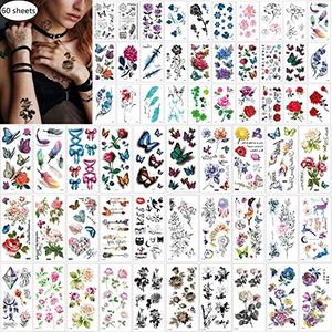 60 Sheets Waterproof Butterfly Flower Temporary Tattoos Stickers for Women,Multiple Design Styles