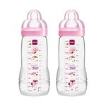 MAM Easy Active Baby Bottle with Fast Flow MAM Teats Size 3, Twin Pack of Baby Bottles, Baby Feeding, 330 ml, Colour: Pink (Designs May Vary)