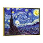 Wieco Art Framed Art Giclee Canvas Prints of Starry Night by Van Gogh Paintings Reproduction Post-Impressionism Artwork Framed Wall Art for Living Room Home Decorations Golden Frame