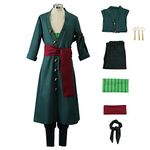 GWOKDAN Men Anime Kimono Roronoas Cosplay Costume Robe Zoro Cloak Uniform Halloween Outfits With Earrings(S,Dark green)