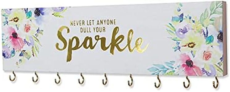 SANY DAYO HOME Never Let Along Dull Your Sparkle Wall Mount Necklace Holder Organizer with 9 Jewelry Hooks for Ring, Hair Bow, Headband, Purse - Wall Decor for Girls Room