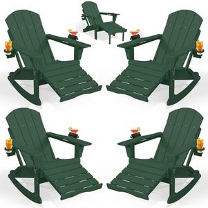 PLUUV Folding Adjustable Adirondack Rocking Chair Set of 4 with Retractable Ottoman and Cup Holders, Outdoor HDPE Adirondack Rocker Patio Chair, Wood-Like Reclining Adirondack Chair, Dark Green