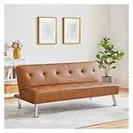 Convertible Tufted Faux Leather Futon Sofa Bed with Chrome Metal Legs,Brown,Sofa Couch