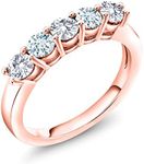 18K Rose Gold Plated Silver White Lab Grown Diamond and Sky Blue Aquamarine 5-Stone Wedding Anniversary Band Ring For Women (0.85 Cttw, Gemstone April Birthstone, Available In Size 5, 6, 7, 8, 9)