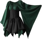 Wraith of East Women's Renaissance Medieval Costume Flare Sleeve Corset Skirt Overskirt Elven Archer Fancy Dress Irish Over Gown Set (XXL, Green)