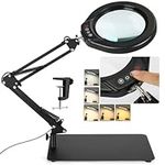 Veemagni 5 Inch Large Magnifying Glass with Light and Stand, 5 Color Modes Stepless Dimmable 10X Glass Lens, Hands Free 2-in-1 Desk Lamp & Clamp, LED Lighted Magnifier for Repair Crafts Close Work