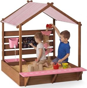 Best Choice Products Sandbox with Canopy, Extra Large Wooden Kids Sand Box with Cover, Water Table & Sink, Chalkboard, Bench Seating w/ 110 lb Capacity, Outdoor Backyard Playset​ - Pink