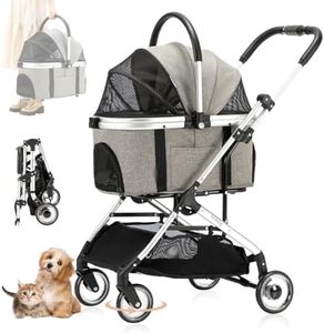 LPOTIUS 3-in-1 Pet Strollers for Small Medium Dogs Cat with Detachable Carrier Foldable Travel Pet Gear Stroller, Under 33lbs Grey