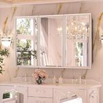 Keonjinn 48” x 30” Medicine Cabinets with Mirror for Bathroom Recessed or Surface Wall-Mounted Aluminum Alloy Framed Beveled Mirror with Soft Close Hinge, 3 Doors Silver Storage Cabinet