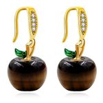 Brown Apple Earrings, Natural Tiger Eye Stone Fruit Statement Dangle Drop Earring Valentines Gifts for Women Wife Girlfriend Y4031-UK