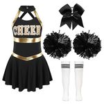 iEFiEL Child High School Girls Cheer Leader Costume with Pom Poms Socks Set Cheerleading Uniform Outfit Sport Games B White&Black 11-12 Years