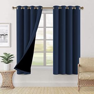 H.VERSAILTEX 100% Blackout Curtains Completely Blackout Window Drapes Thermal Insulate Double Layer with Black Liner for Bedroom 2 Panels Set, Each W132cm x D160cm, Navy