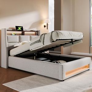Lit 90x200 avec Sommier LED et USB, Lit Coffre 90x200 avec Rangement et Tete de Lit, Lit Simple avec à Lattes Lit 1 Place, Lit Rembourré Cadre de lit 90x200(sans Matelas)