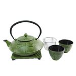 Cuisiland Dragonfly Cast Iron 27oz Teapot Set with 2 Cups Green-Enameled Interior and Stainless Steel Infuser